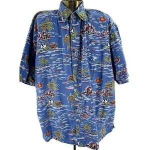 Big Dogs Blue Hawaiian Shirt Button Up Short Sleeve Palm Island Blue Mens Size L